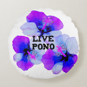 Live Pono Hawaiian Hibiscus Purple Blue Floral Round Cushion