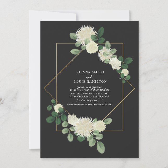 Live Stream Virtual Wedding Floral Botanical Grey Invitation (Front)
