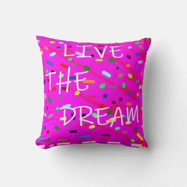 Live the dream pink with white text words patterns cushion (Front)