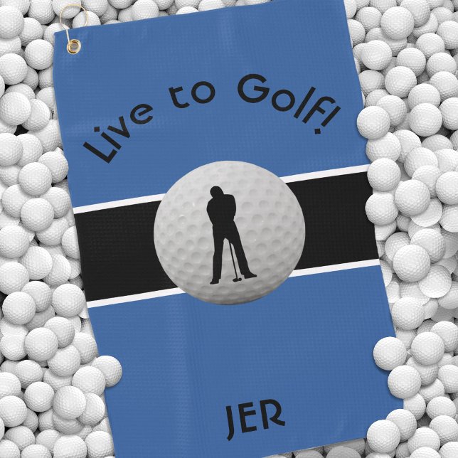 Live to Golf Quote Monogrammed Royal Blue Black Golf Towel (Creator Uploaded)