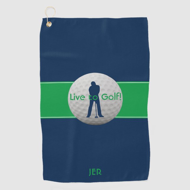 Live to Golf Quote Typography Blue Green Monogram Golf Towel (Front)