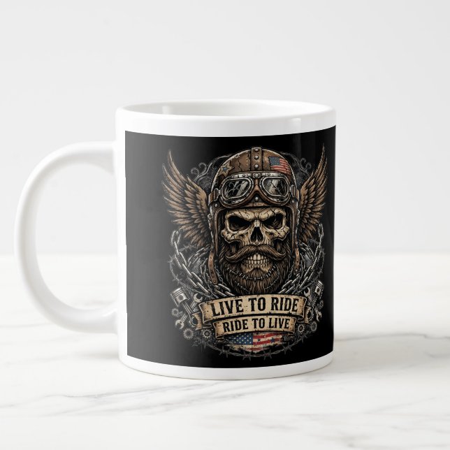 Live to Ride Bearded Skull Biker Large Coffee Mug (Left)