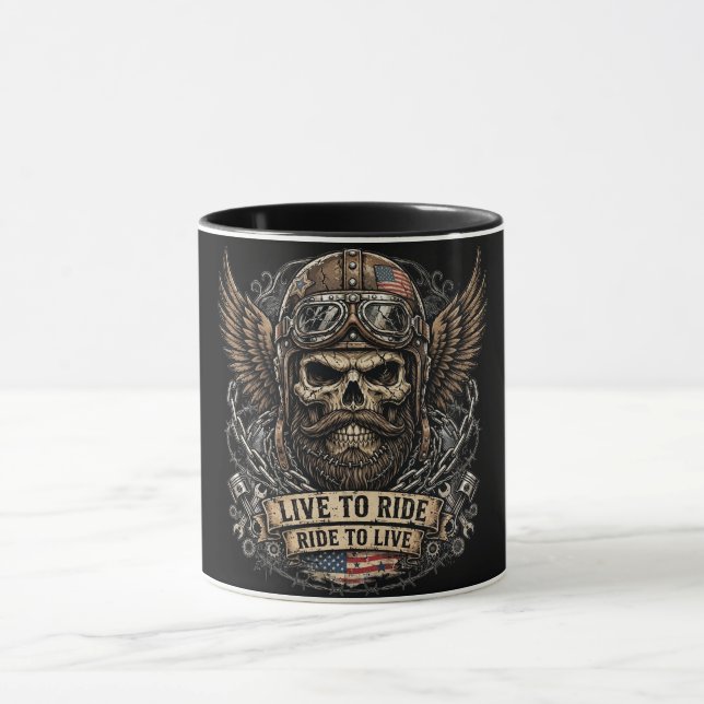 Live To Ride Bearded Skull Biker  Mug (Center)