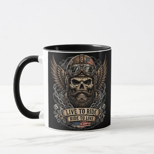 Live to Ride Bearded Skull Biker Mug (Left)