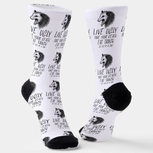 Live Ugly Fake Your Death Eat Trash Funny Opossum Socks (Angled)