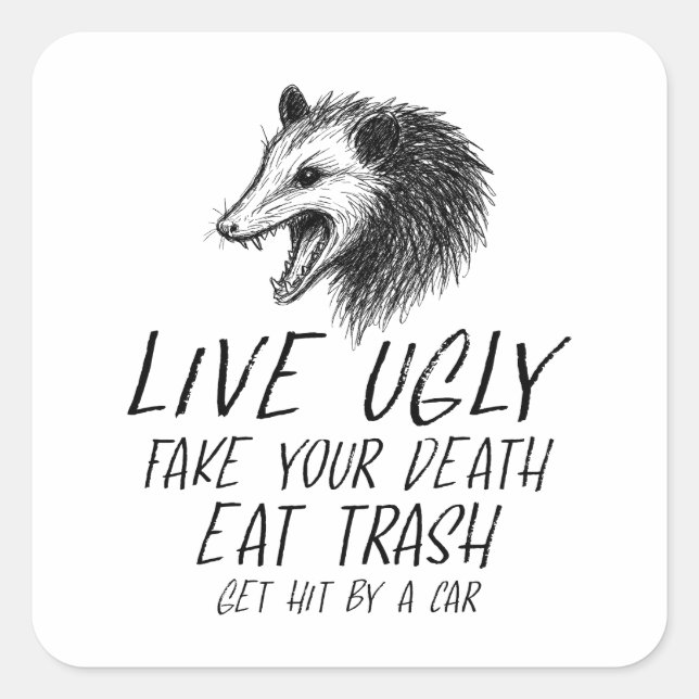 Live Ugly Fake Your Death Eat Trash Funny Opossum Square Sticker (Front)