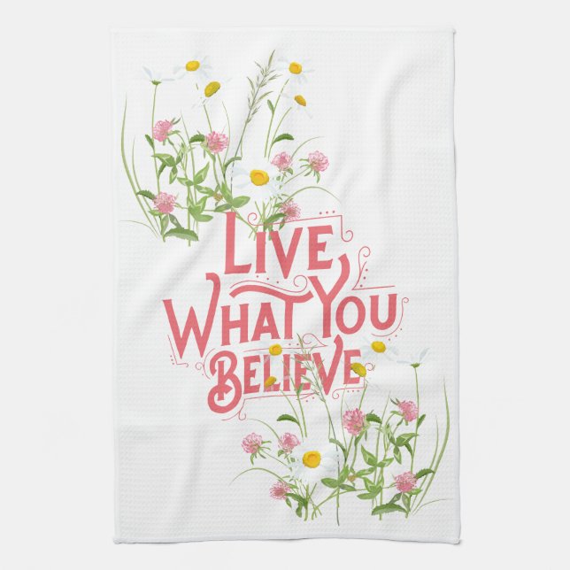 Live What You Believe Quote Purple Dainty Floral Tea Towel (Vertical)