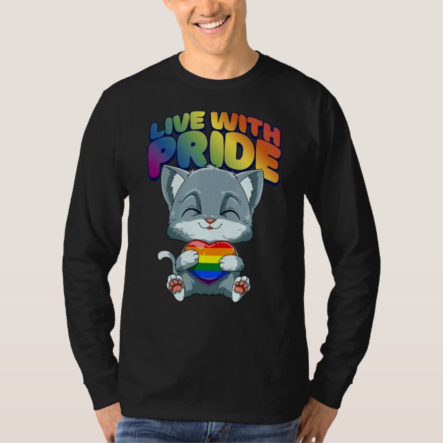 Live With Pride LGBTQ Heart  Cat Hugging LGBTQ Hea T-Shirt (Front)