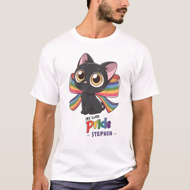 Live With Pride – Rainbow Cat LGBTQ Pride T-Shirt (Front)