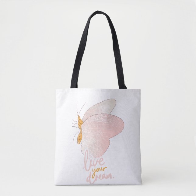 Live Your Dream Pink Butterfly Typography Tote Bag (Front)