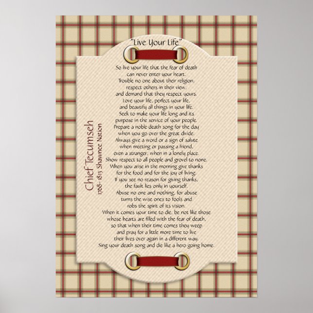 "Live Your Life"  on plaid Chief Tecumseh Poster (Front)