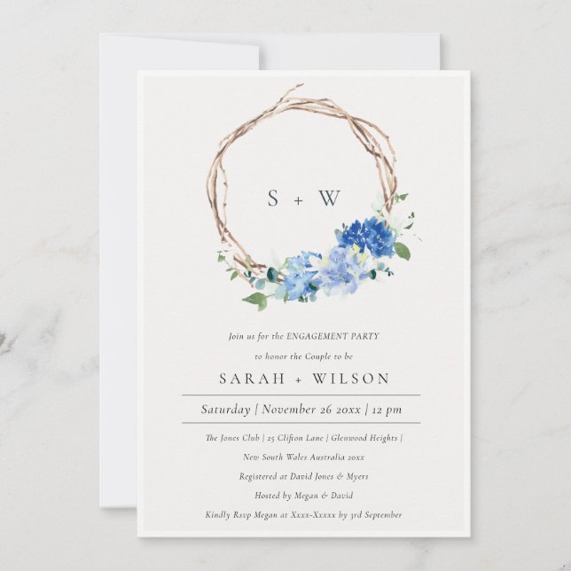 Lively Blue Floral Wood Wreath Engagement Invite  (Front)