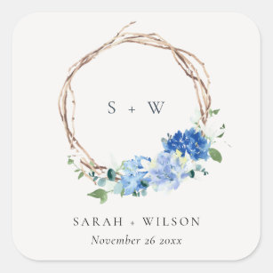 Lively Blue Floral Wooden Wreath Wedding Monogram Square Sticker