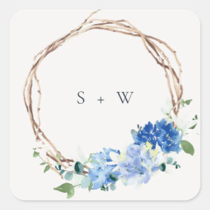Lively Blue Floral Wooden Wreath Wedding Monogram Square Sticker