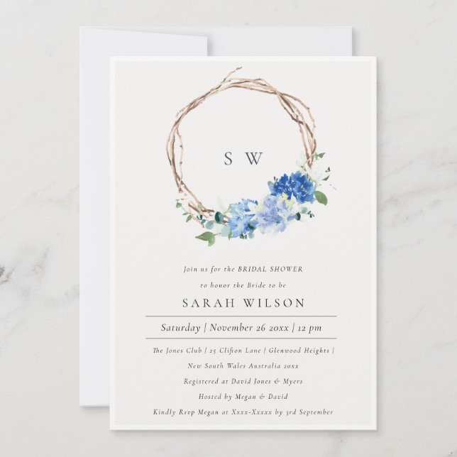 Lively Blue Floral Wreath Bridal Shower Invite  (Front)