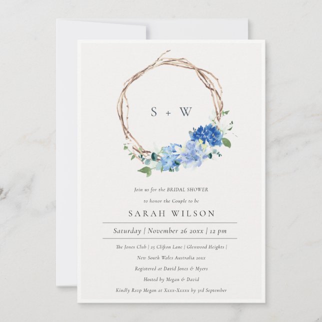 Lively Blue Floral Wreath Bridal Shower Invite  (Front)