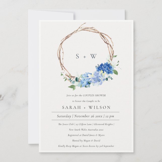 Lively Blue Floral Wreath Couples Shower Invite  (Front)