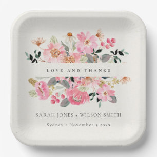 Lively Blush Pink Watercolor Floral Wedding Thanks Paper Plate