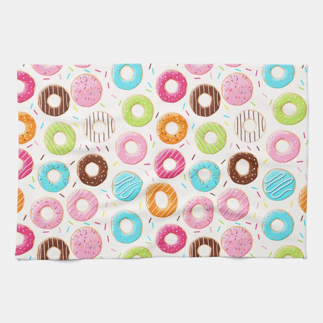 Lively colourful doughnuts sprinkles toppings tea towel (Horizontal)