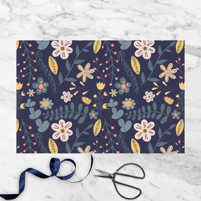 Lively Folk Art Flowers and Leaves on Navy Blue  Tissue Paper (Creator Uploaded)