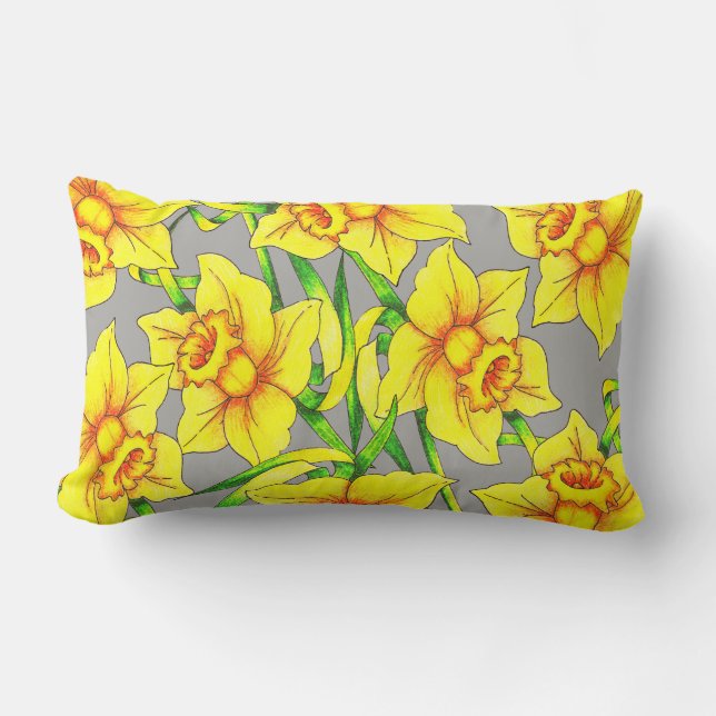 Lively Golden Spring Daffodils & Grey | Monogram Lumbar Cushion (Front)