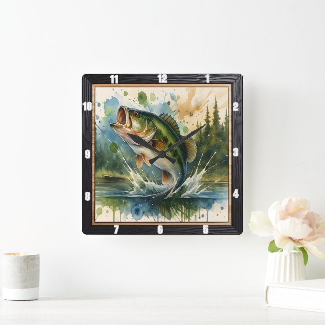 Lively Jumping Bass Lake Square Wall Clock (Home)
