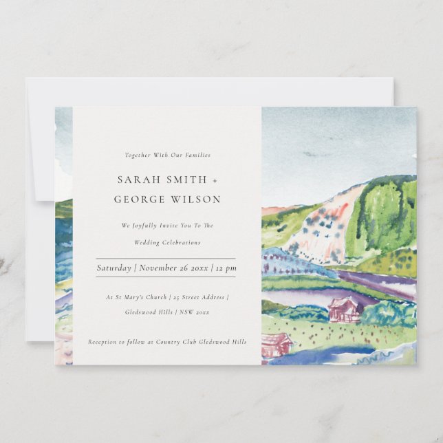 Lively Mountain Scape Blush Green Wedding Invite (Front)