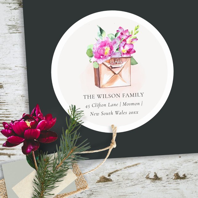 Lively Pink Floral Mailbox We have Moved Address Classic Round Sticker (Creator Uploaded)