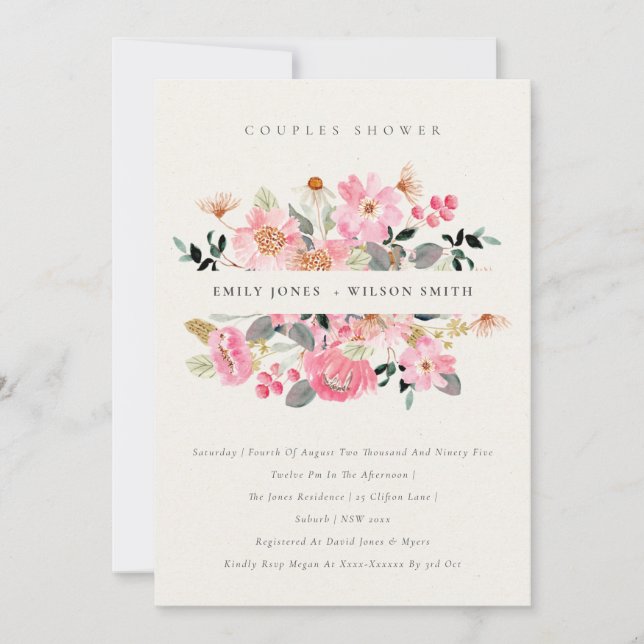 Lively Pink Watercolor Flora Couples Shower Invite (Front)