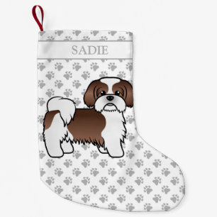 Liver And White Shih Tzu Cartoon Dog & Name Small Christmas Stocking