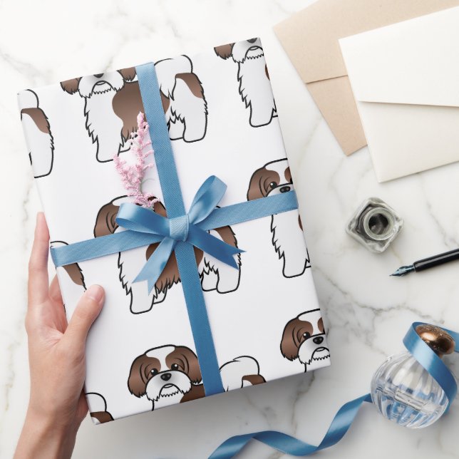 Liver And White Shih Tzu Cartoon Dog Pattern Wrapping Paper (Gifting)