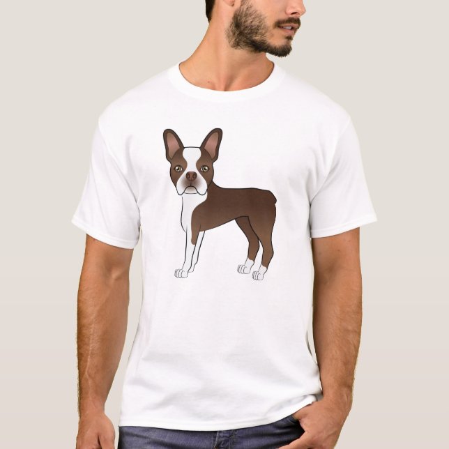 Liver Brown Boston Terrier Cartoon Dog Drawing T-Shirt (Front)