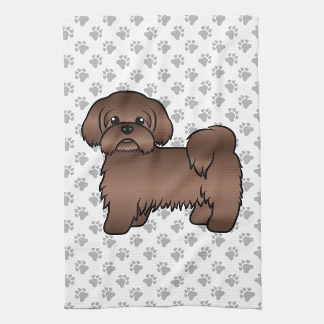 Liver Brown Shih Tzu Cute Cartoon Dog Illustration Tea Towel (Vertical)