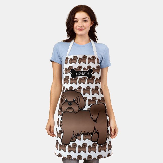 Liver Brown Shih Tzu Cute Cartoon Dog & Name Apron (Worn)