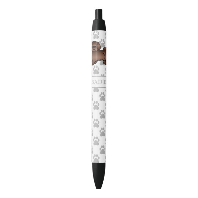 Liver Brown Shih Tzu Cute Cartoon Dog & Name Black Ink Pen (Front Vertical)