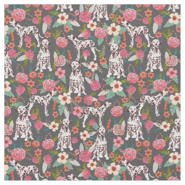 Liver Dalmatian dog vintage florals Fabric (Close Up)