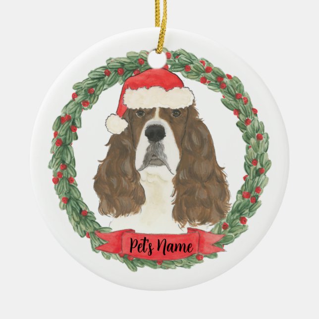 Liver & White English Springer Spaniel Christmas Ceramic Tree Decoration (Front)