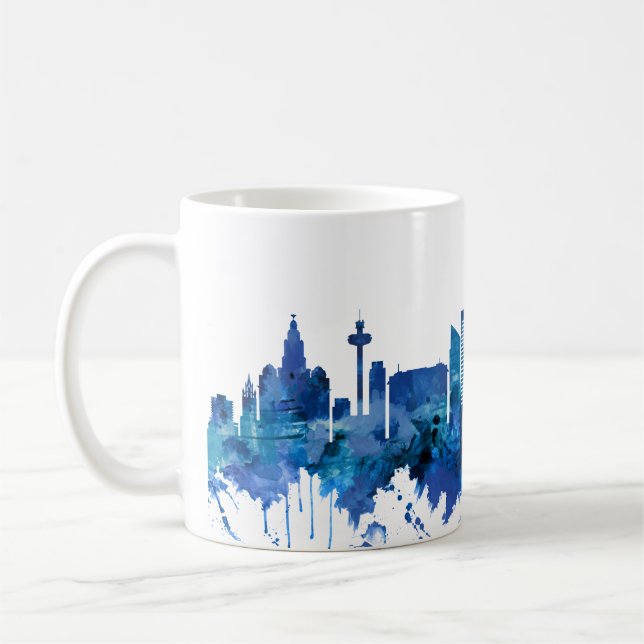 Liverpool England Skyline Blue Coffee Mug (Left)