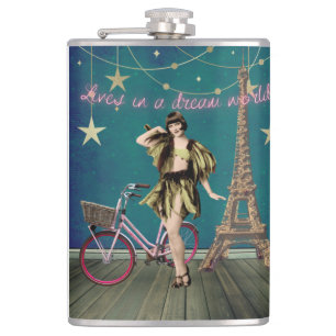 Lives In A Dream World Funky Altered Art Hip Flask