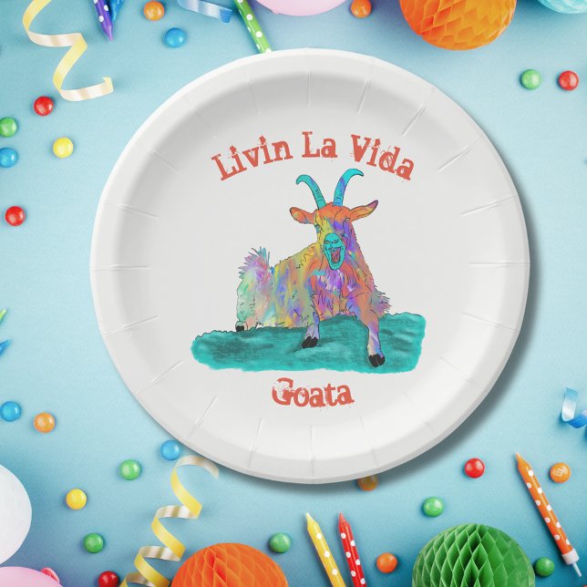 Livin La Vida Goata Funny Screaming Goat Design Paper Plate (Funny screaming goat joke livin la Vida goata summer paper plate colorful farm animal art)
