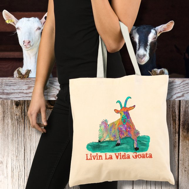 Livin La Vida Goata Funny Screaming Goat Design Tote Bag (Funny screaming goat quote colorful farm animal art tote bag for animal lovers )