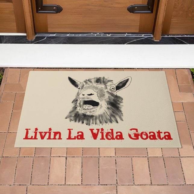 Livin La Vida Goata Funny Screaming Goat Drawing Doormat (Funny screaming goat animal art and quote livin la Vida Goata doormat)