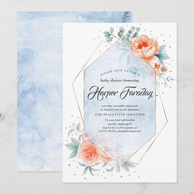 Living Coral and Dusty Blue Floral Baby Shower Invitation (Front/Back)