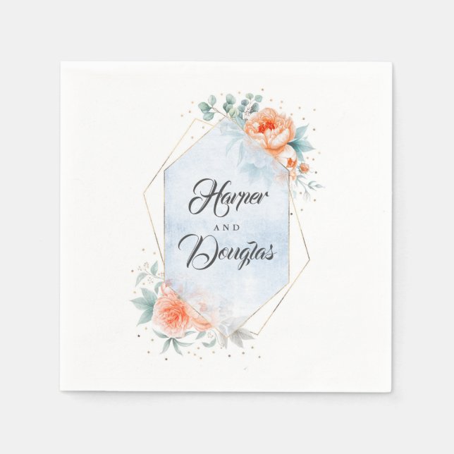 Living Coral and Dusty Blue Floral Wedding Napkin (Front)