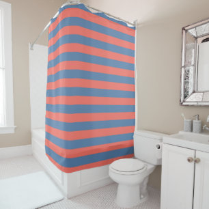 Lıving Coral and Pacific blue Horizontal Lines Shower Curtain