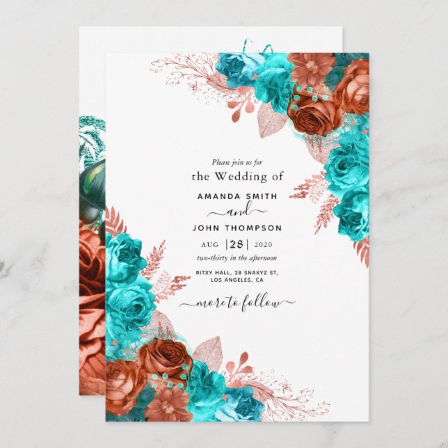 Living Coral and Teal Wedding Invitation (Front/Back)