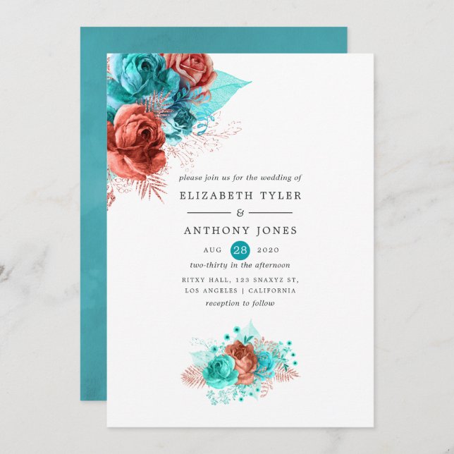 Living Coral and Turquoise Floral Wedding Invitation (Front/Back)