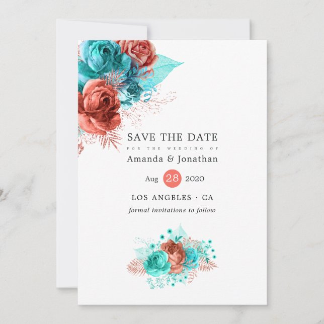 Living Coral and Turquoise Floral Wedding Save The Date (Front)