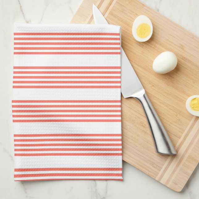 Living coral and white five stripes pattern tea towel (Quarter Fold)
