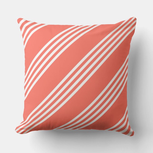 Living coral and white four stripes pattern cushion (Front)